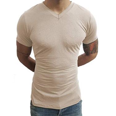 Imagem de Camiseta Masculina Slim Fit Gola V Manga Curta Básic Sjons tamanho:m;cor:bege