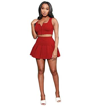 Imagem de Pulkritu Conjunto de saia plissada feminina de tênis – regata sólida com zíper ativo combinando com duas peças (vermelho, 2GG)