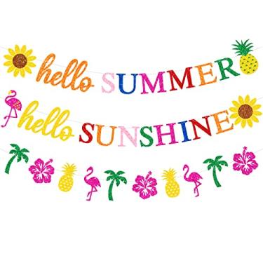 Imagem de Faixa Hello Summer, placa de decoração de sala de aula com glittery Hello Sunshine, decorações de verão para escritório em casa, decorações de festa de aniversário de verão, girassol flamingo abacaxi
