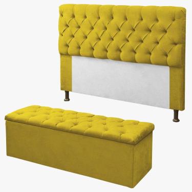 Imagem de Kit Cabeceira + Calçadeira Baú Sofia Solteiro 90cm Corino Amarelo - LM DECOR
