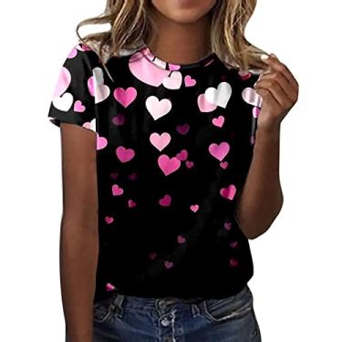 Imagem de Elogoog Camisas femininas para o dia dos namorados blusa sexy com contraste de cores plus size estampa de coração fofo amor tops de manga curta, D, GG