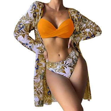 Imagem de Biquínis femininos de cintura alta 2024 sexy conjunto de biquíni 3 peças saída de praia para mulheres com estampa floral frente única, O, G