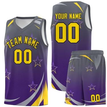 Imagem de Camiseta de basquete personalizada para homens e mulheres jovens, shorts de basquete personalizados com logotipo do número do time, Cinza e roxo - 02, One Size