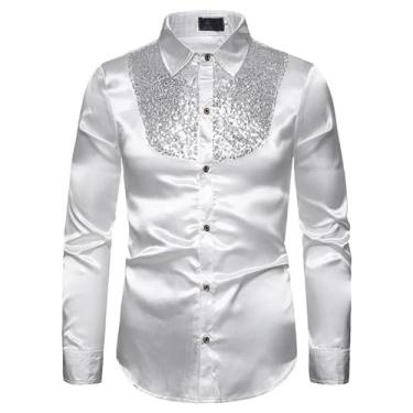 Imagem de Camisa social masculina de cetim de seda com lantejoulas brilhantes manga longa abotoada camisa masculina festa discoteca cantor baile, Branco, P