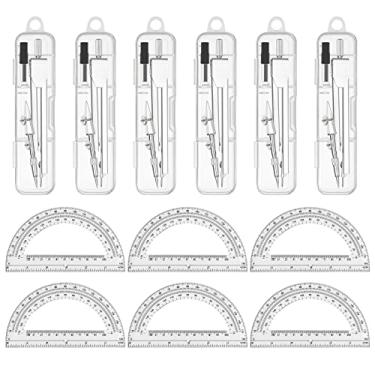 Imagem de 6 conjuntos de bússola e transferidor, conjunto básico de matemática, geometria, bússola de metal e transferidores geométricos de 180 graus, ferramentas de desenho gráfico para escritório e material