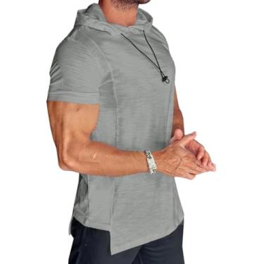 Imagem de Runcati Camiseta masculina casual com capuz manga curta moletom de treino de verão pulôver de malha de algodão, Cinza, G