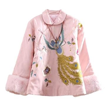 Imagem de Jaqueta feminina de inverno, estilo chinês, bordado, pavão, casaco de algodão grosso e quente, Rosa, G