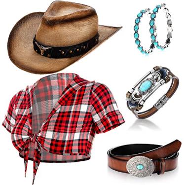 Imagem de Hicarer 5 peças fantasia de vaqueira feminina roupas de encenação camiseta chapéu de cowboy cinto fivela marrom pulseira turquesa brincos pingente (GG)