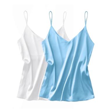 Imagem de Ekouaer Camiseta regata feminina de cetim de seda, pacote com 2 unidades, Branco + azul claro, M