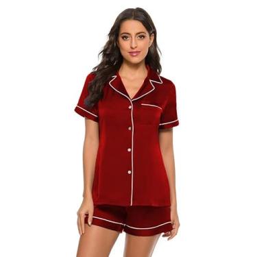 Imagem de LUZBOSE Pijama feminino – Conjunto de pijama macio e confortável, cardigã de manga curta (P, vermelho)