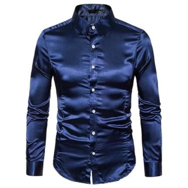 Imagem de Camisas masculinas de cetim brilhante slim cor sólida formal negócios manga longa única breasted camiseta roupas, Azul marino, M