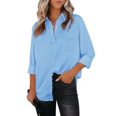 Imagem de Aoudery Camisas femininas de botão, manga comprida, gola sem rugas, gola V, trabalho, escritório, túnica de chiffon, Azul-celeste, P