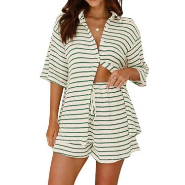 Imagem de BAIGRAM Conjunto de pijama feminino de verão, 2 peças, listrado, longo, abotoado, camisetas e shorts combinando, Verde e bege, Small