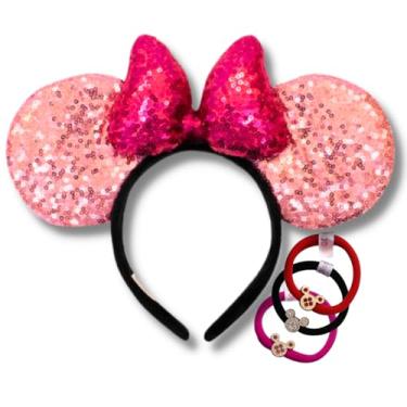 Imagem de Tiara Minnie Orelha KIT Arquinho Arco Diadema Orelhinha Coroa Brilhante + 1 Elastico de Cabelo (Rosa)