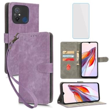 Imagem de IUQXU Capa carteira para celular Xiaomi Poco C55 / Redmi 11A / Xiaomi Redmi 12C com protetor de tela [bloqueio RFID] alça de couro com suporte de cartão feminino e masculino para Redmi 12 C roxo