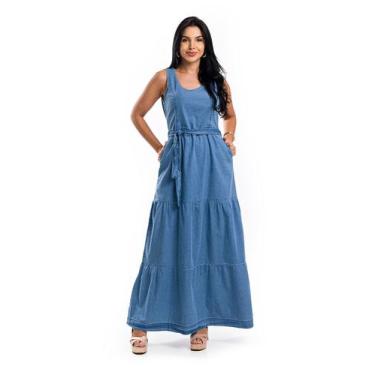 Imagem de Vestido Jeans Longo Sem Manga Com Faixa - Restrito Jeans, 38, Azul méd