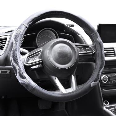 Imagem de Elantrip Capa de volante de couro com ótima aderência com design antiderrapante de favo de mel 3D, protetor universal de roda de carro de 37 a 38 cm, preto e cinza