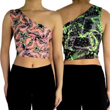 Imagem de Kit 2 Tops Femininos Cropped Regata Um Ombro Mula Manca Estampas Sorti