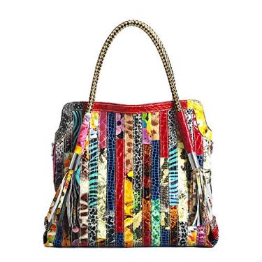Imagem de Segater Bolsa feminina multicolorida grande Boston de couro genuíno aleatória colorida patchwork grande bolsa Hobo bolsa transversal, Tamanho médio colorido, Middle