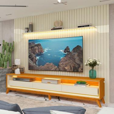 Imagem de Rack com Painel para TV Até 85 Polegadas Nobre 3 Gavetas Ripado com Led 100% Mdf Off White - Gelius
