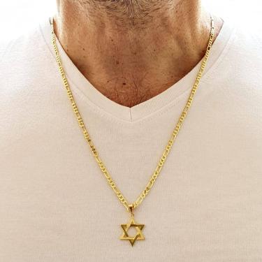 Imagem de Corrente Groumet 3x1 60cm + Pingente Estrela de Davi Masculino Banhada a Ouro