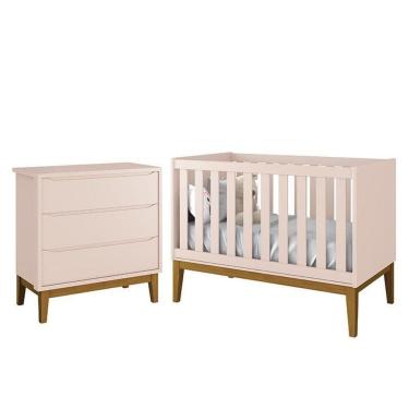 Imagem de Jogo De Quarto Infantil Cômoda 3 Gavetas E Berço Classic Rosa Fosco Com Pés Amadeirado Reller Móveis Rosa Fosco