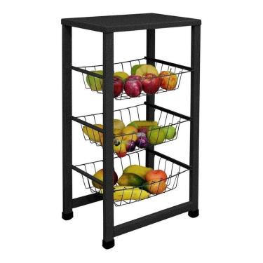 Imagem de Fruteira De Chão Para Cozinha 3 Cestos Preto Fosco Multiuso