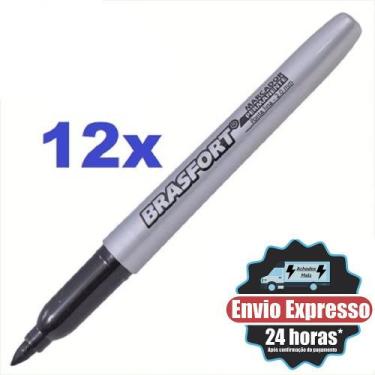 Imagem de Kit 12 Canetas Marcador Permanente Preta Ponta Fina Seca Rapido - BRAS