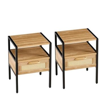 Imagem de Conjunto de 2 criado-mudo de vime, mesa de canto de vime de 40 cm, mesa de canto de cana com gaveta, mesa de cabeceira lateral de madeira de vime com pernas de madeira maciça, mesa lateral pequena de