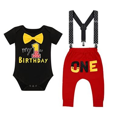 Imagem de Roupas formais de festa de primeiro aniversário para bebês meninos, fantasia de cake Smash para sessão de fotos Wild One body masculino gravata borboleta longa Haren calça suspensórios preto 6-12 meses