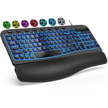 Imagem de SABLUTE Teclado Ergonômico Retroiluminado com Descanso de Pulso, Iluminado por USB com Fio, Luz de Fundo Ajustável em 7 Cores