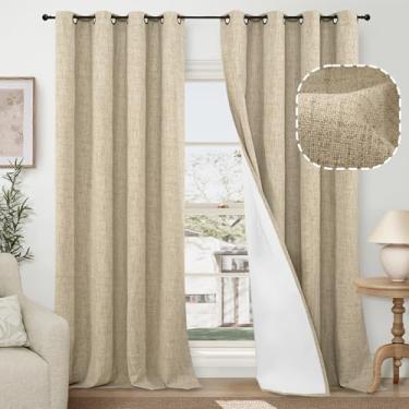 Imagem de Cortinas blackout de linho de 152 cm de largura para sala de estar/quarto, 2 painéis, 2 painéis, isolamento térmico total, isolamento térmico, ilhós, boho, forro branco para casa de fazenda moderna,