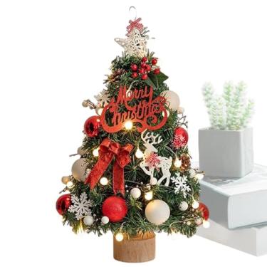 Imagem de Árvore de Natal artificial,Árvore de Natal de mesa | Árvore de férias com enfeites de estrela, luzes de corda e enfeites | Árvore verde de 17,7 polegadas para decoração de Natal em ambientes fechados