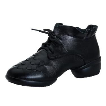 Imagem de ZHENSI Botas de dança femininas jazz sola dividida couro com cadarço moderno sapatos latinos salto baixo, Preto, 5