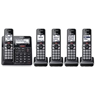 Imagem de Panasonic Telefone sem fio com bloco de chamadas avançado, Bluetooth Link2Cell, alerta de golpe de um anel e gravação bidirecional com secretária eletrônica, 5 aparelhos - KX-TGF975B (preto com