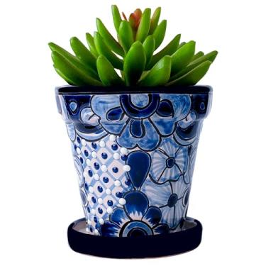 Imagem de COBAZUL Vasos de cerâmica mexicana - Talavera - Cerâmica de quintal mexicano - Vasos Talavera para plantas internas e externas com orifício de drenagem e pires - 10 cm L x 10 cm A (branco e azul