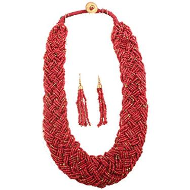 Imagem de Touchstone Sunsoul Tribal Boho Bordô Cor Vermelha Contas e Bolas Douradas Conjunto de Colar de Crochê à Mão Trabalho Moderno Designer Jóias Moda Para Mulheres., Liga metálica, Sem pedras preciosas