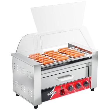 Imagem de Máquina de Salsicha Hot Dog Grill CROSSON,7 rolos antiaderentes,com aquecedor de pães e proteção transparente,comercial, inox 304, ideal