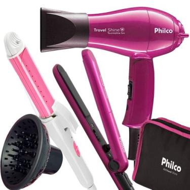 Imagem de Kit Mini Secador De Cabelo Philco e Chapinha Pequeno Viagem Dobrável D
