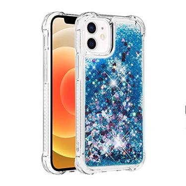 Imagem de Capa de telefone à prova de choque para iPhone 12 Pro com glitter líquido de areia movediça e corações flutuantes, capa de TPU de camada dupla reforçada com 4 cantos, protetor de telefone seguro