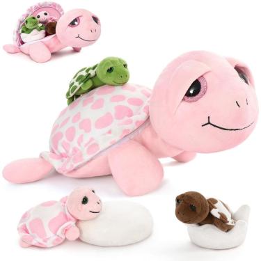 Imagem de Bicho de pelúcia MoriSmos Sea Turtle com bebês, tartaruga rosa de 35 cm