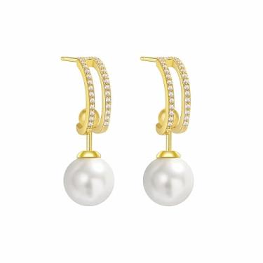 Imagem de Vinoya Brincos de pérola para mulheres, brincos de pérola folheados a ouro branco e amarelo banhado a ouro amarelo, joias presentes para mulheres, Cobre, Zircônia cúbica