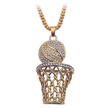 Imagem de COLORFUL BLING Colar de ouro 14 k Hiphop strass basquete punk corrente caixa pingente colar esportivo rock colar para homens meninos mulheres meninas, Metal
