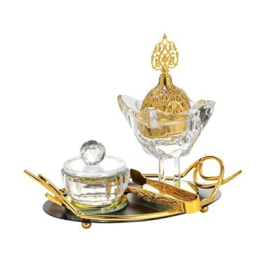Imagem de WeiLaiKeQi Titular do queimador de incenso árabe, queimador de incenso de vidro Conjunto com bandeja de armazenamento Gift Ramadan Decoration Difusor para Office, Bandeja Preta