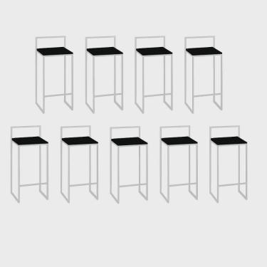 Imagem de Kit 09 Banquetas Alta Com Encosto Lino Industrial Balcão Bistrô Ferro Branco mdf Madeira Preto - Ahz Móveis