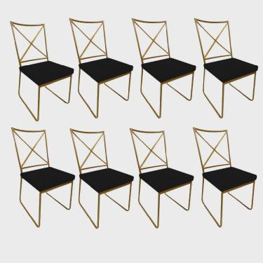 Imagem de Kit 08 Cadeiras Sala de Jantar Escritório Office Clark Industrial Ferro Dourado Corino Preto - Ahz Móveis