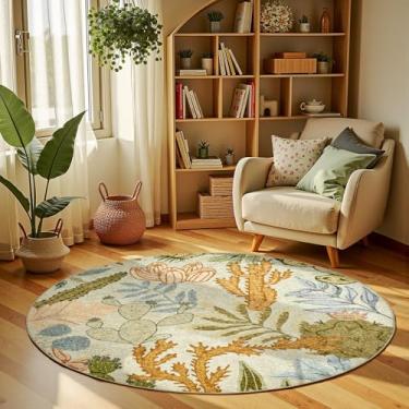 Imagem de jinchan Tapete redondo com estampa botânica verde de 1,5 m, lavável, círculo, moderno, tropical, deserto, cacto, macio, antiderrapante, para sala de estar, quarto, sala de jantar, sala de jogos