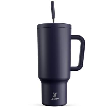Imagem de Meoky Copo de 1,134 g com alça e canudo: copo isolado de aço inoxidável com tampa e canudo - copo 100% à prova de vazamento para porta-copos de carro - viajantes trabalhadores, mirtilo