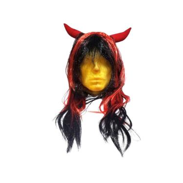 Imagem de Peruca de Diabinha Com Chifres Ondulada preto c/ vermelho