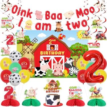 Imagem de JOYMEMO Red Farm Animals 2nd Birthday Party Decorations, Oink Baa Moo Im Two Banner, Centerpieces, Cake Topper, Hanging Swirls, Backdrop and Balloons for Farmhouse Barnyard Party Supplies